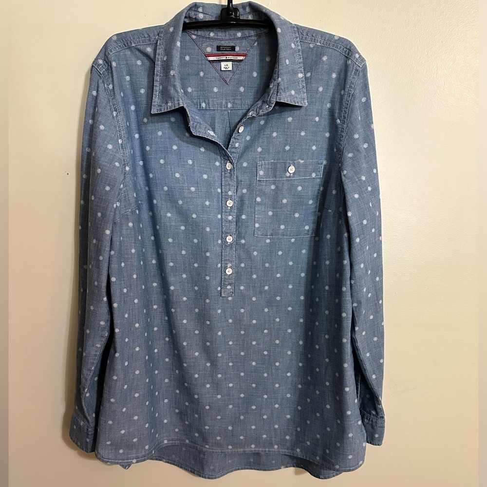 Tommy Hilfiger Boyfriend Distressed Blue Chambray Polka-dot Cotton Shirt, Size L
